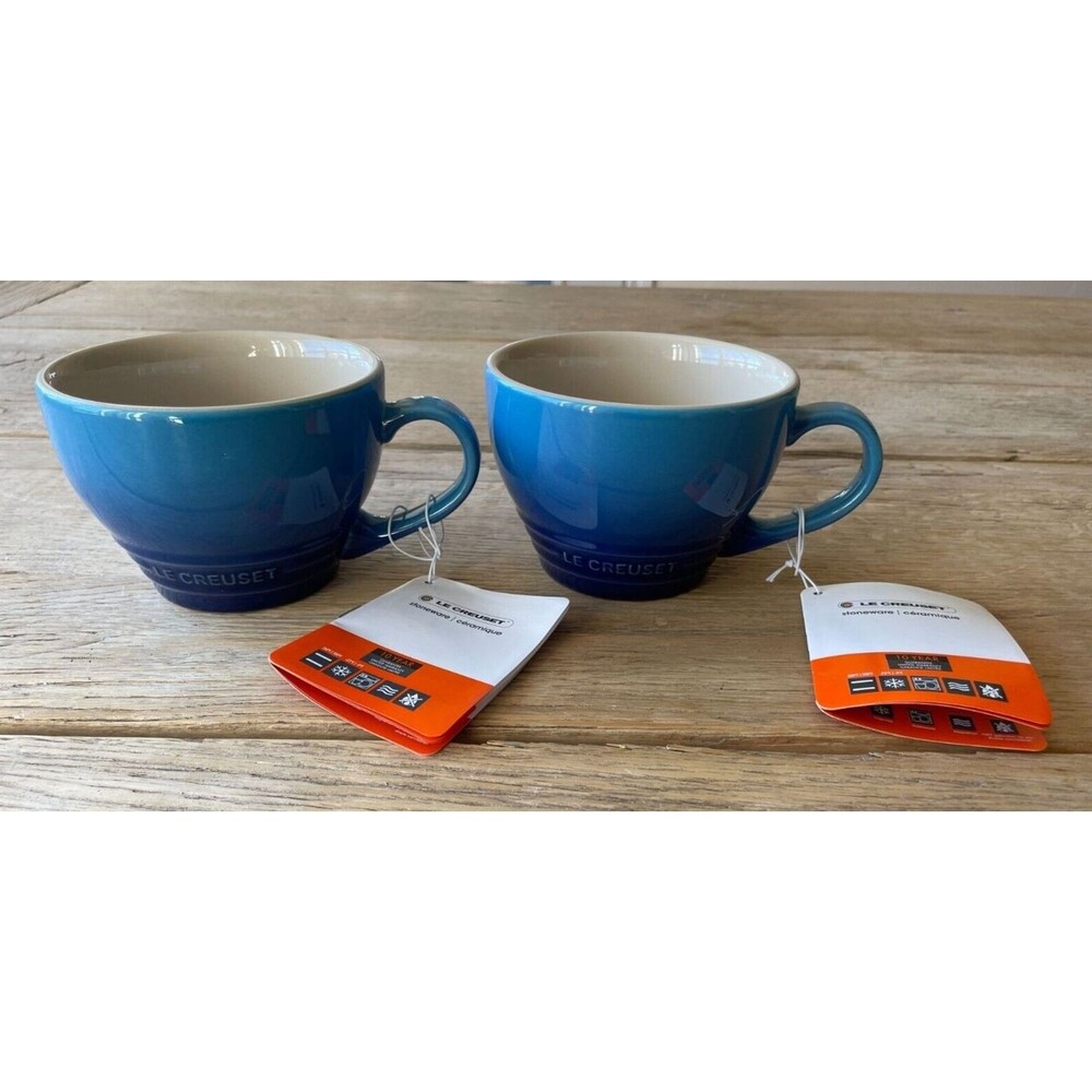 Le Creuset Stoneware Set of 2 Giant Cappuccino Bistro Mug 14 oz Azure Blue NEW